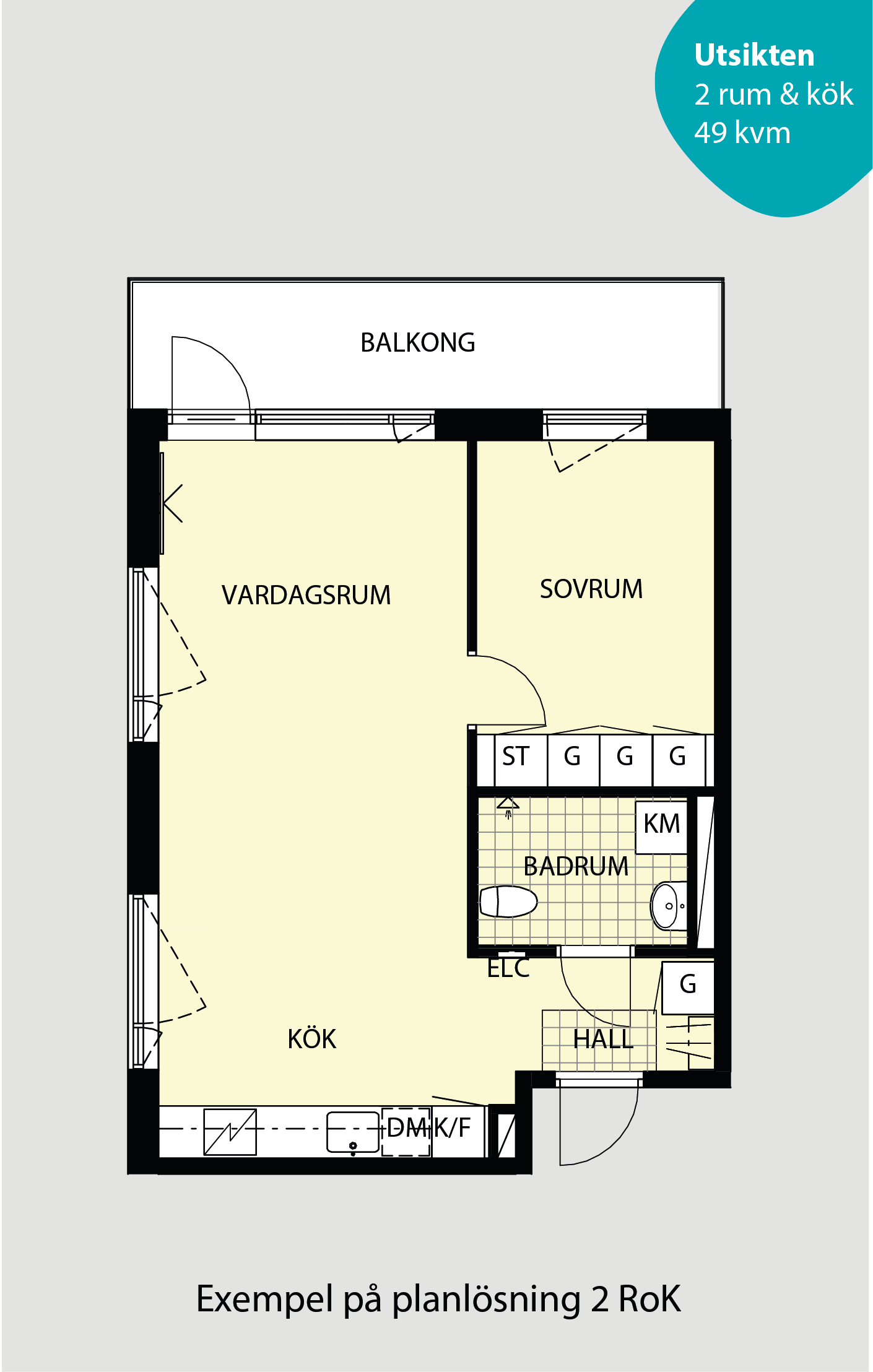 Planlösning lägenhet 2 rum och kök.
